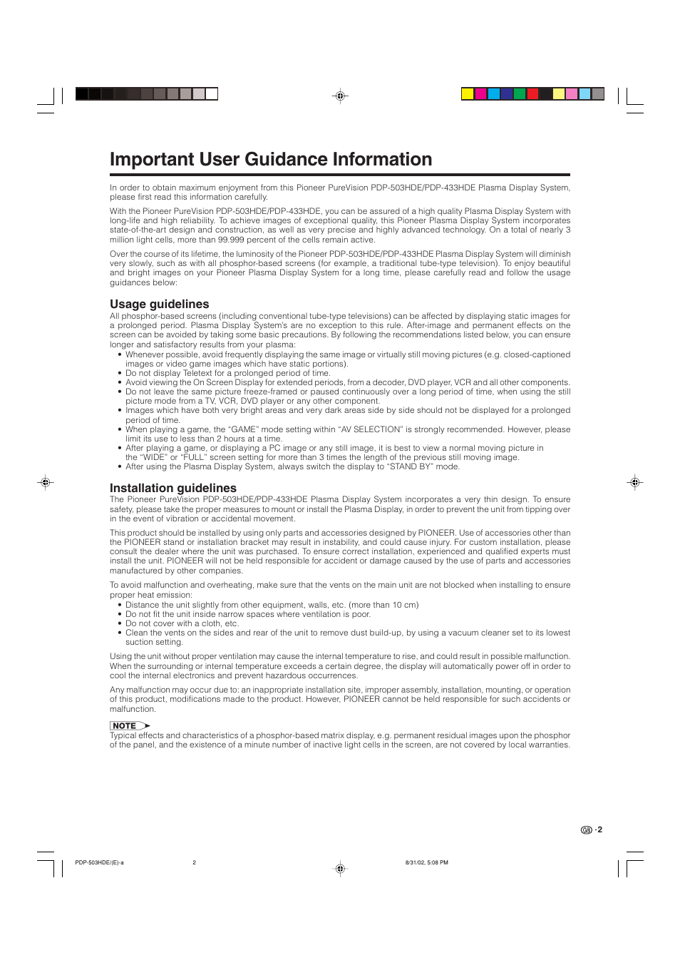 Important user guidance information, Usage guidelines, Installation guidelines | Pioneer PDP-503HDE User Manual | Page 4 / 194