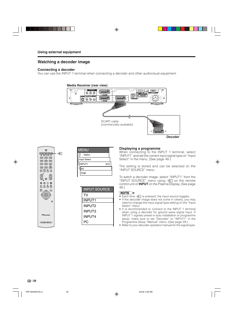 Watching a decoder image, Using external equipment, Menu | Input source tv input1 input2 input3 input4 pc, Connecting a decoder, Displaying a programme, Media receiver (rear view) decoder | Pioneer PDP-503HDE User Manual | Page 41 / 194
