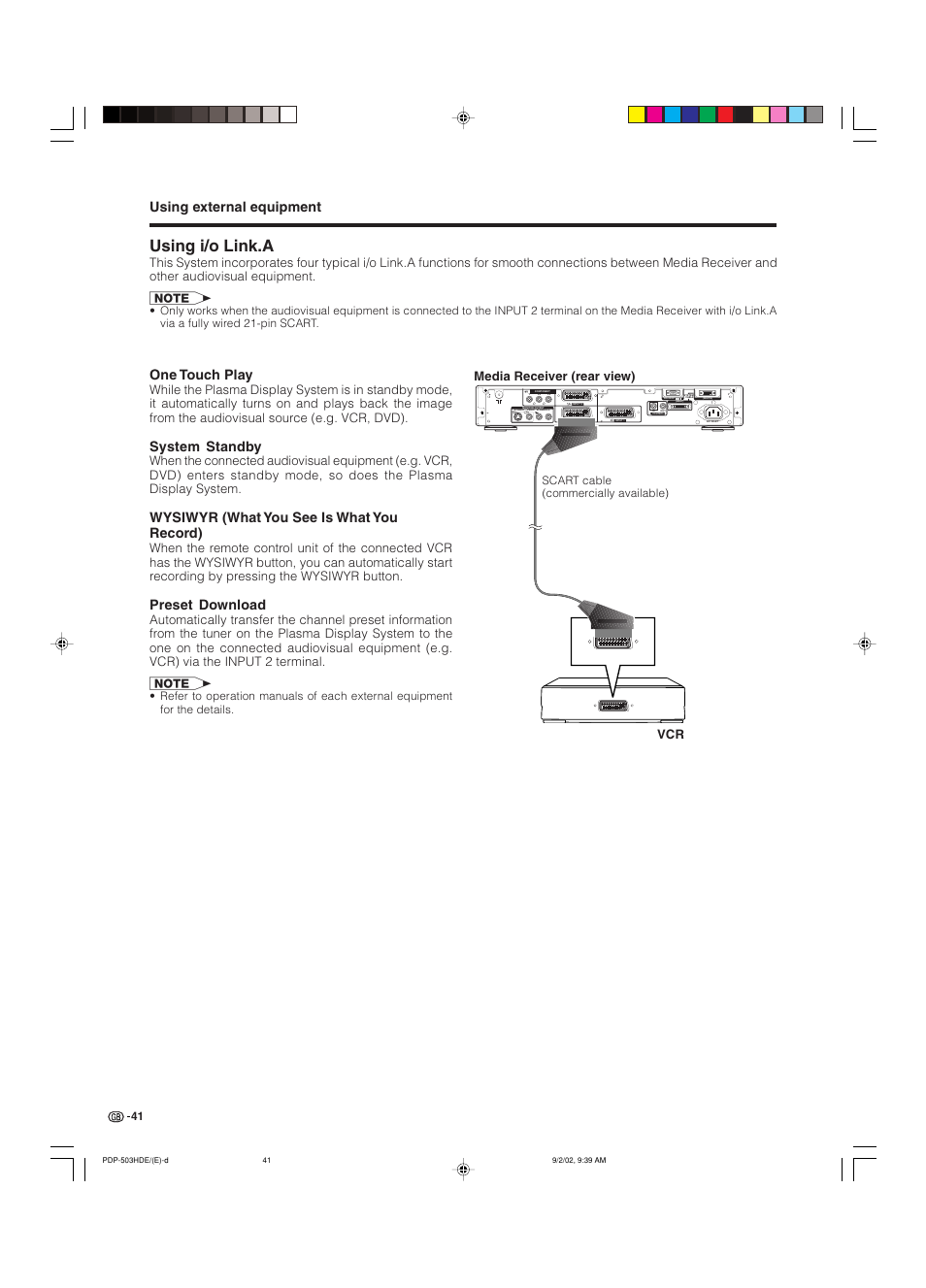 Using i/o link.a, Using external equipment, One touch play | System standby, Wysiwyr (what you see is what you record), Preset download, Media receiver (rear view) vcr | Pioneer PDP-503HDE User Manual | Page 43 / 194