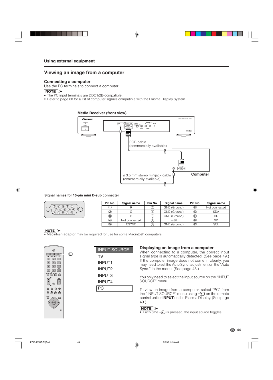 Viewing an image from a computer, Using external equipment, Input source tv input1 input2 input3 input4 pc | Connecting a computer, Displaying an image from a computer | Pioneer PDP-503HDE User Manual | Page 46 / 194