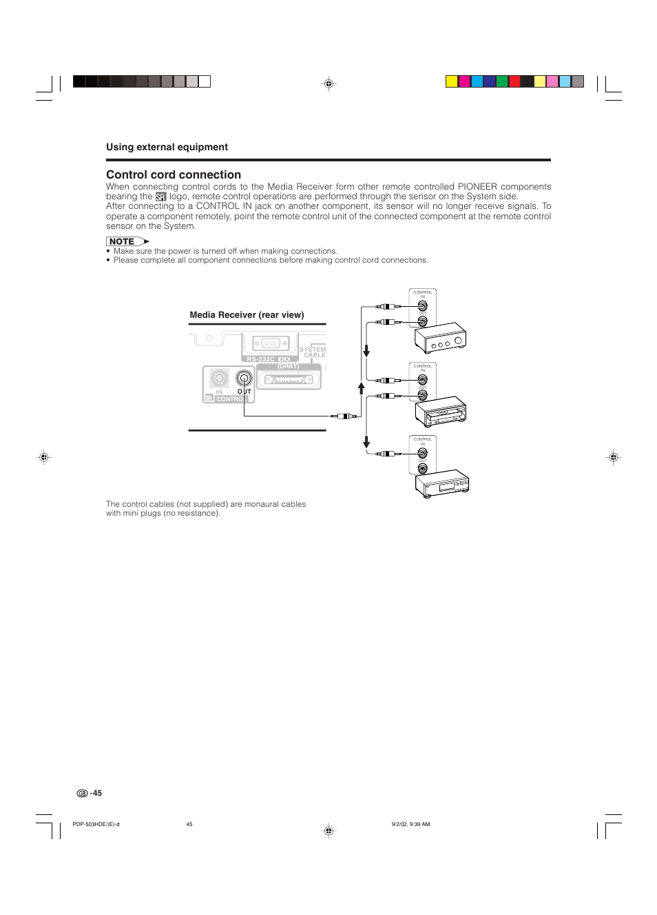 Control cord connection, Using external equipment, Media receiver (rear view) | Pioneer PDP-503HDE User Manual | Page 47 / 194