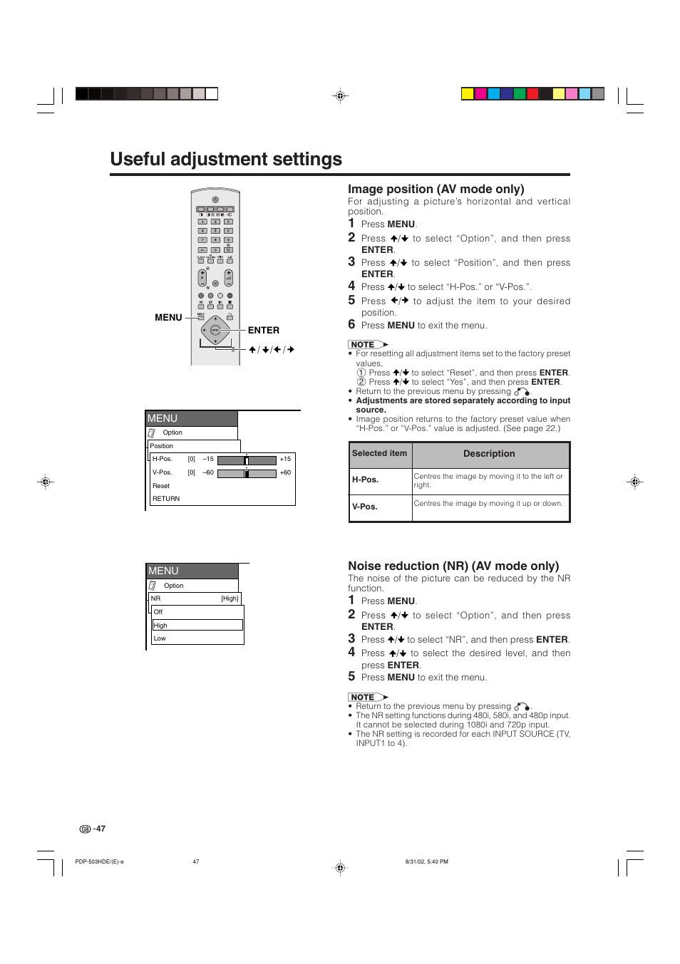 Useful adjustment settings, Image position (av mode only), Noise reduction (nr) (av mode only) | Pioneer PDP-503HDE User Manual | Page 49 / 194