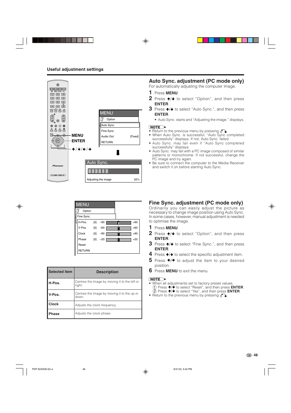 Fine sync. adjustment (pc mode only), Auto sync. adjustment (pc mode only) | Pioneer PDP-503HDE User Manual | Page 50 / 194