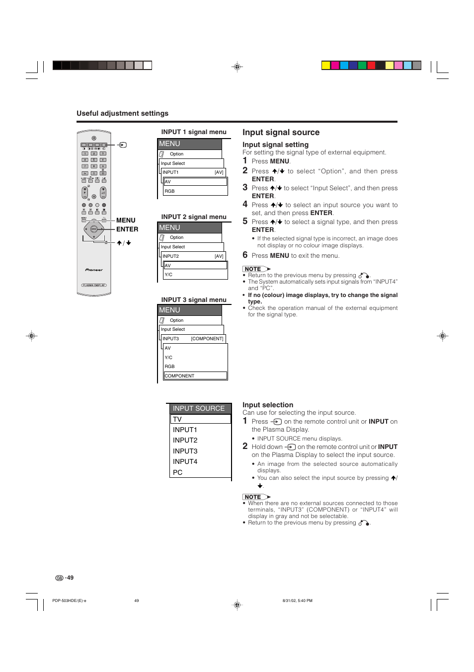 Input signal source | Pioneer PDP-503HDE User Manual | Page 51 / 194