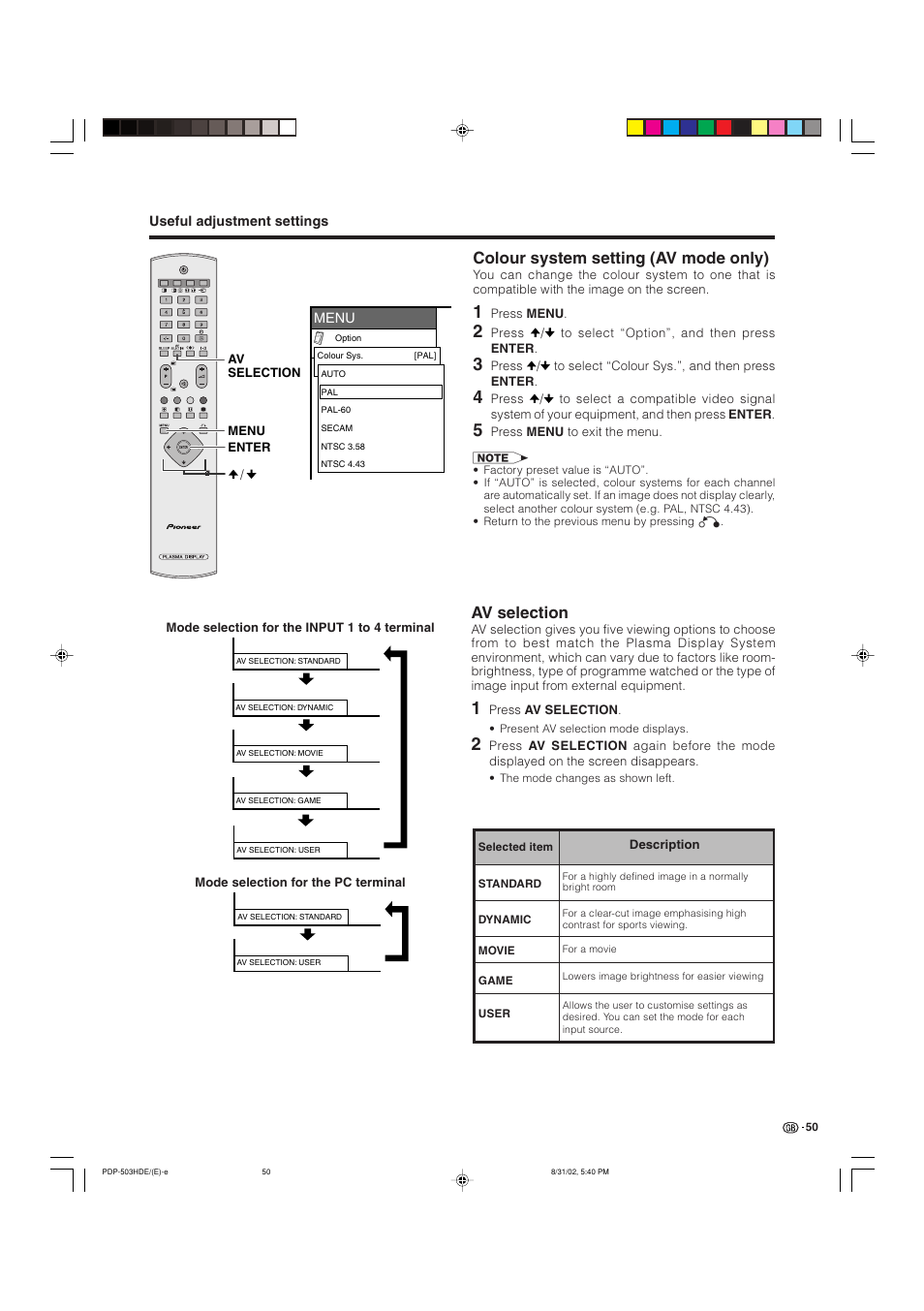 Colour system setting (av mode only), Av selection | Pioneer PDP-503HDE User Manual | Page 52 / 194