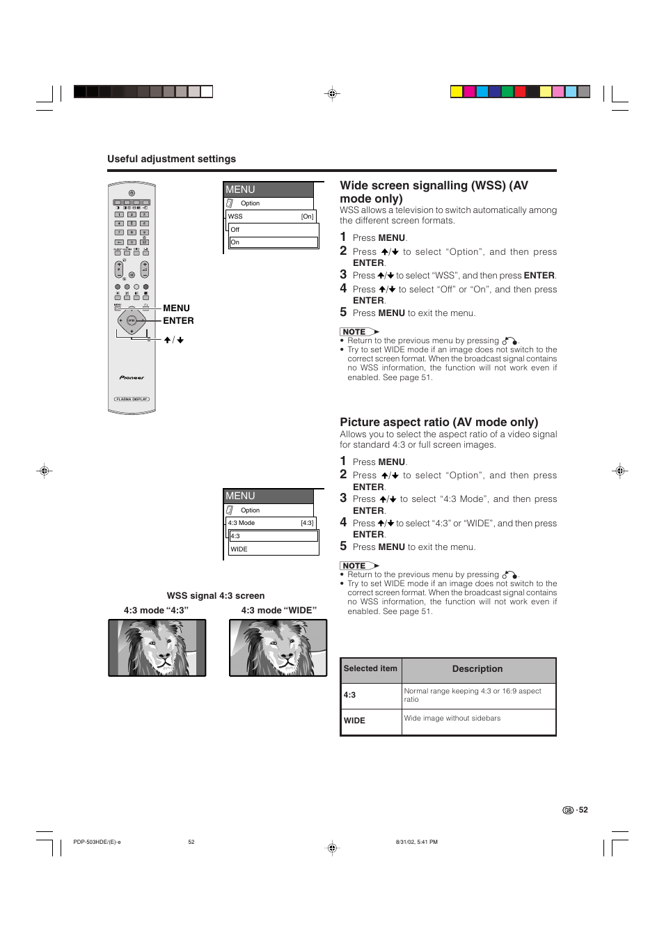 Wide screen signalling (wss) (av mode only), Picture aspect ratio (av mode only) | Pioneer PDP-503HDE User Manual | Page 54 / 194