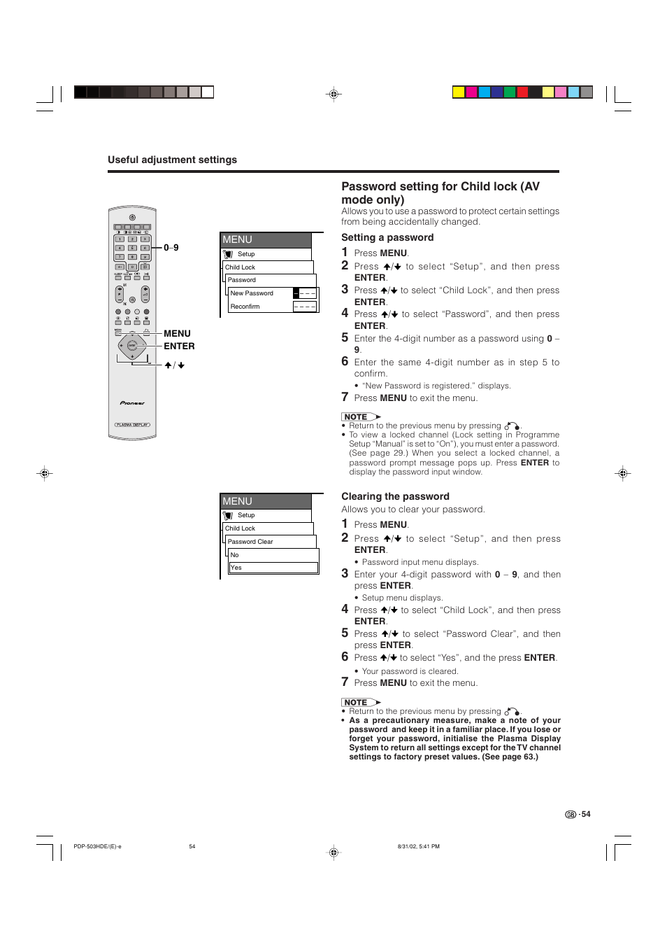 Password setting for child lock (av mode only) | Pioneer PDP-503HDE User Manual | Page 56 / 194