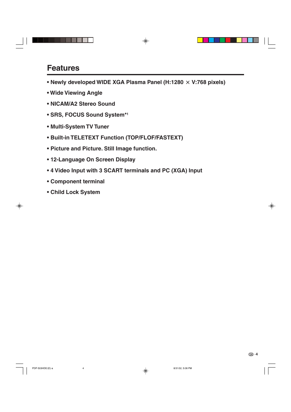 Features | Pioneer PDP-503HDE User Manual | Page 6 / 194