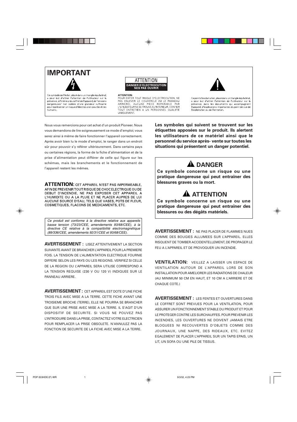 Danger, Attention | Pioneer PDP-503HDE User Manual | Page 66 / 194