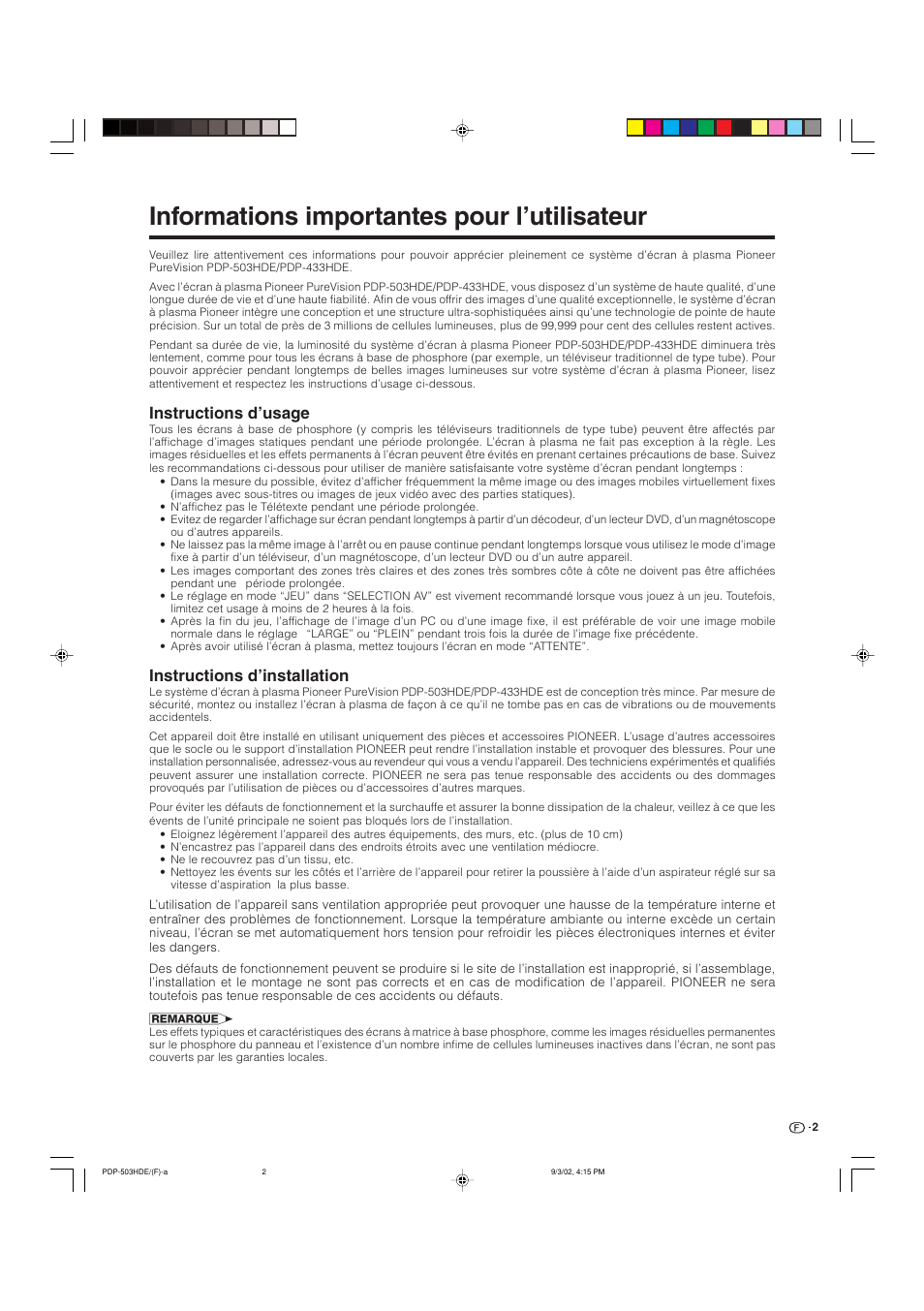 Informations importantes pour l’utilisateur, Instructions d’usage, Instructions d’installation | Pioneer PDP-503HDE User Manual | Page 68 / 194