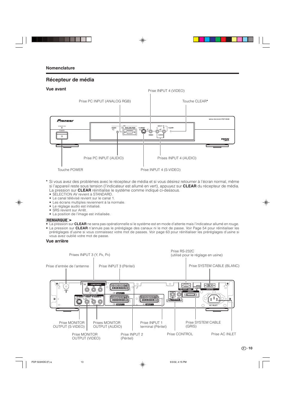 Récepteur de média, Nomenclature, Vue avant | Vue arrière | Pioneer PDP-503HDE User Manual | Page 76 / 194