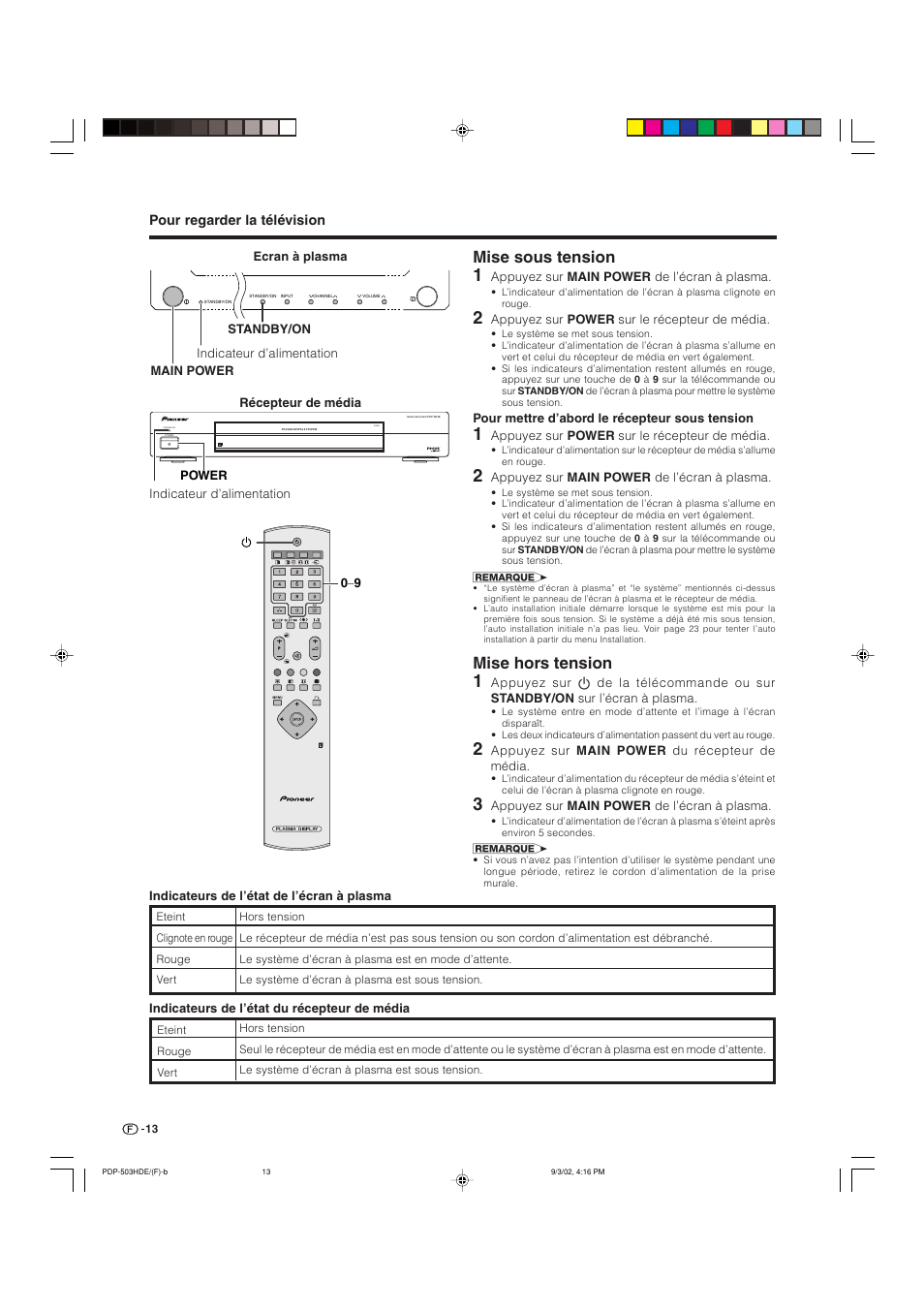 Mise sous tension, Mise hors tension | Pioneer PDP-503HDE User Manual | Page 79 / 194