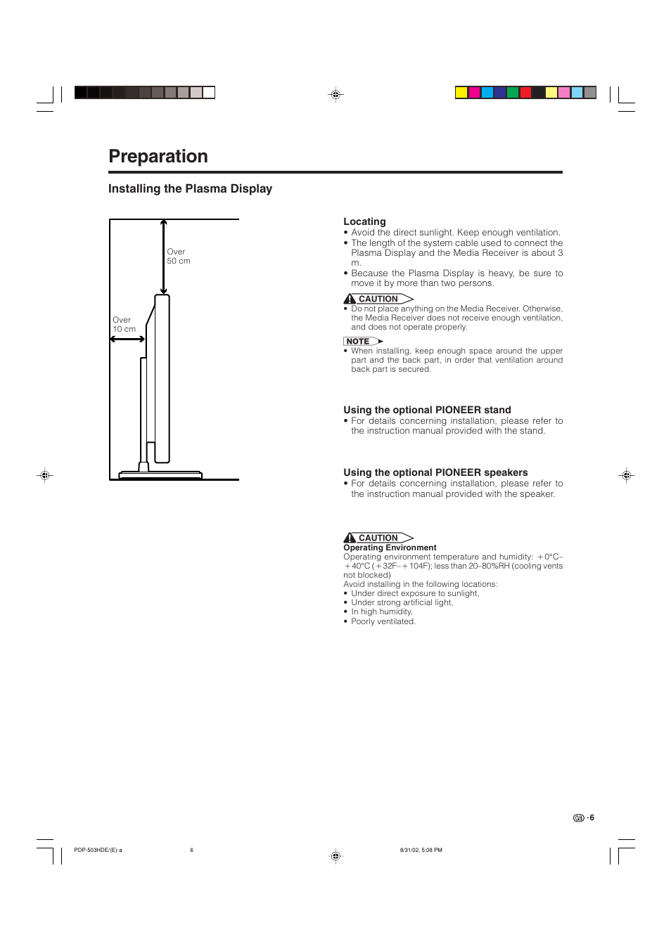 Preparation, Installing the plasma display | Pioneer PDP-503HDE User Manual | Page 8 / 194