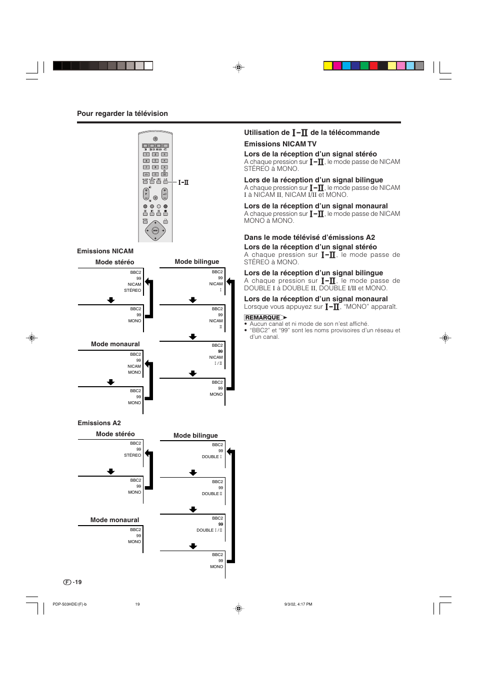 Pour regarder la télévision, Lors de la réception d’un signal bilingue, Lors de la réception d’un signal monaural | Lorsque vous appuyez sur g, “mono” apparaît | Pioneer PDP-503HDE User Manual | Page 85 / 194