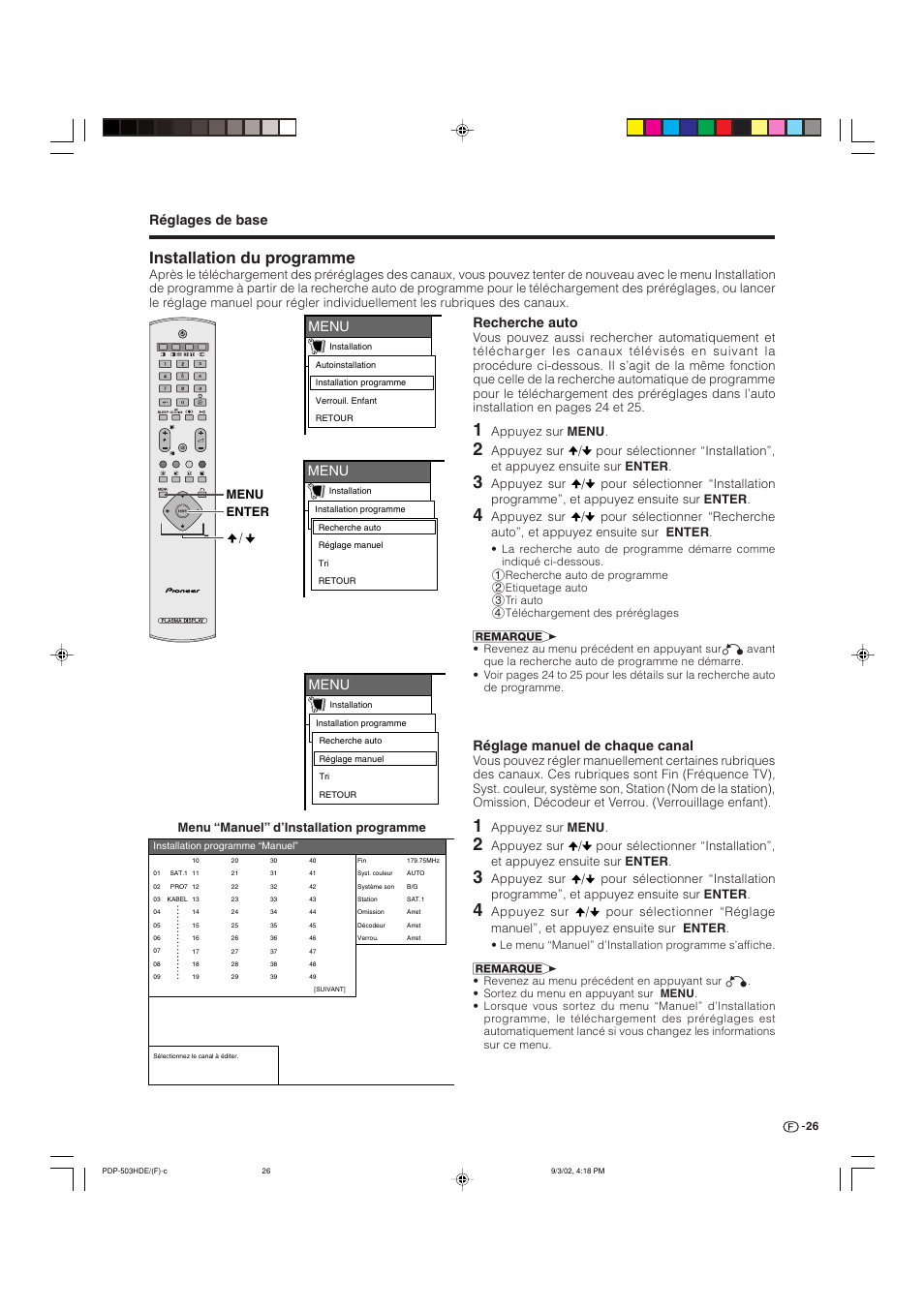 Installation du programme, Réglages de base, Menu | Recherche auto, Réglage manuel de chaque canal, Appuyez sur menu | Pioneer PDP-503HDE User Manual | Page 92 / 194