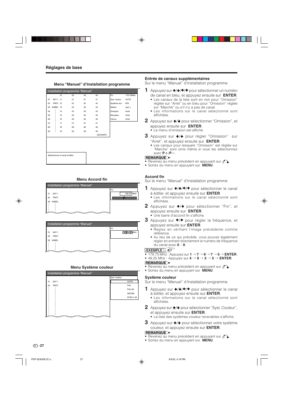 Réglages de base, Menu “manuel” d’installation programme, Menu système couleur | Pioneer PDP-503HDE User Manual | Page 93 / 194