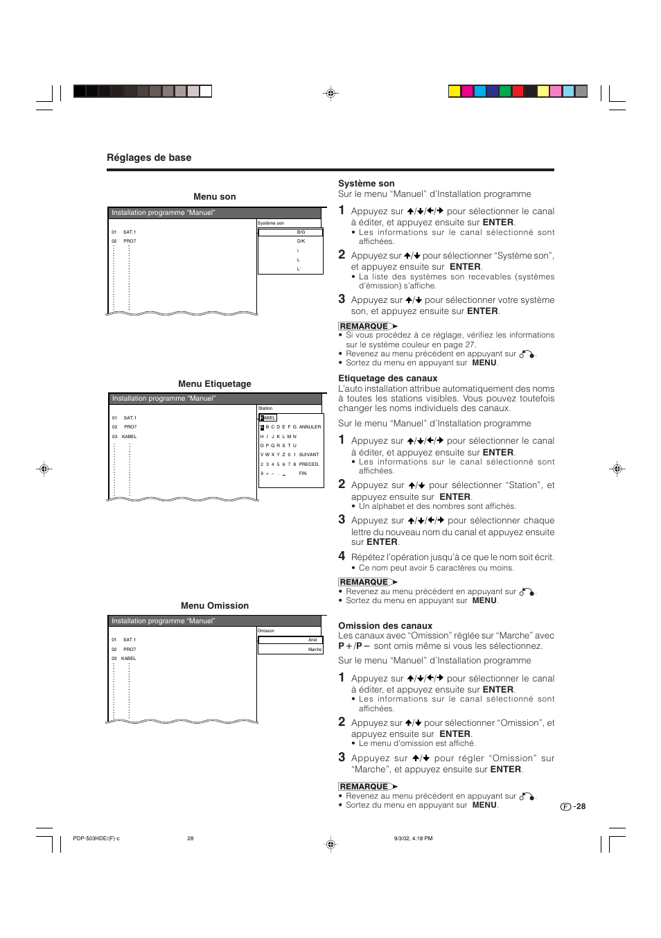 Réglages de base, Menu son, Menu etiquetage | Menu omission | Pioneer PDP-503HDE User Manual | Page 94 / 194