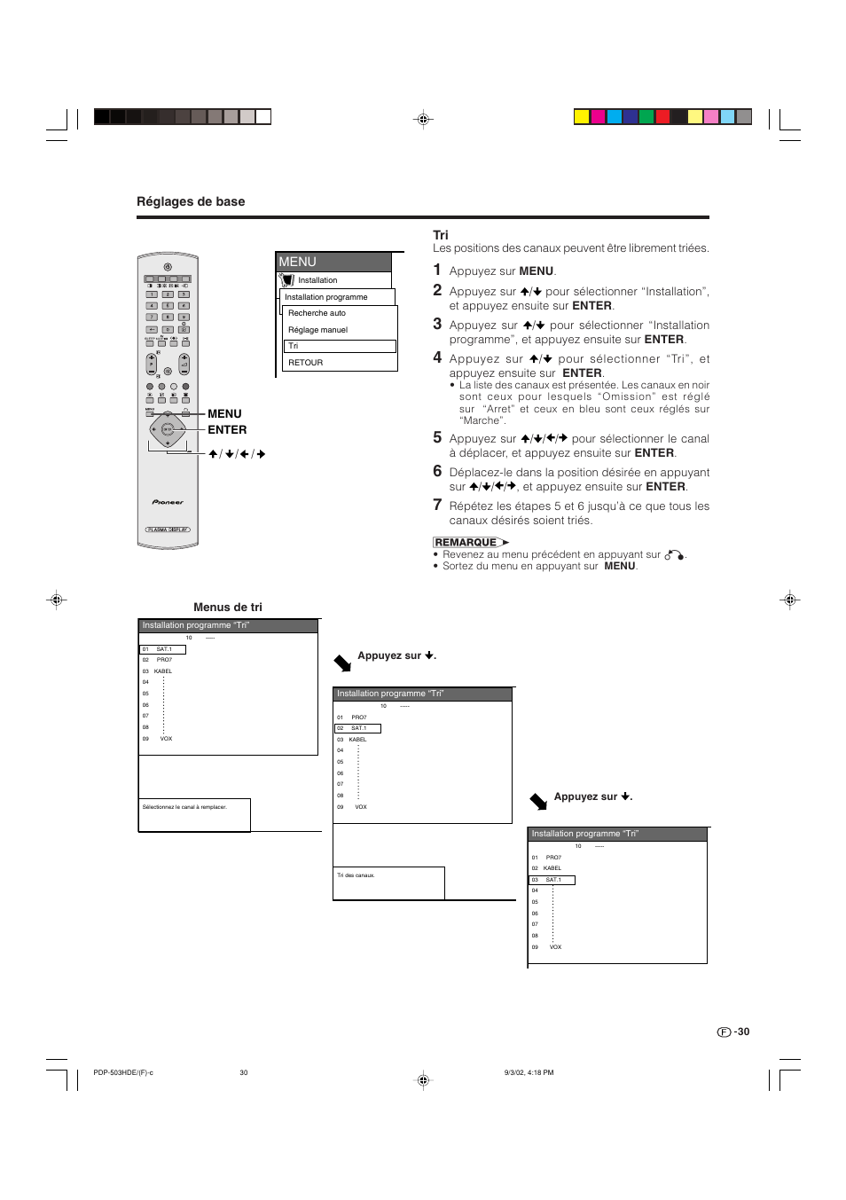 Réglages de base, Menu, Menus de tri enter menu | Appuyez sur menu | Pioneer PDP-503HDE User Manual | Page 96 / 194