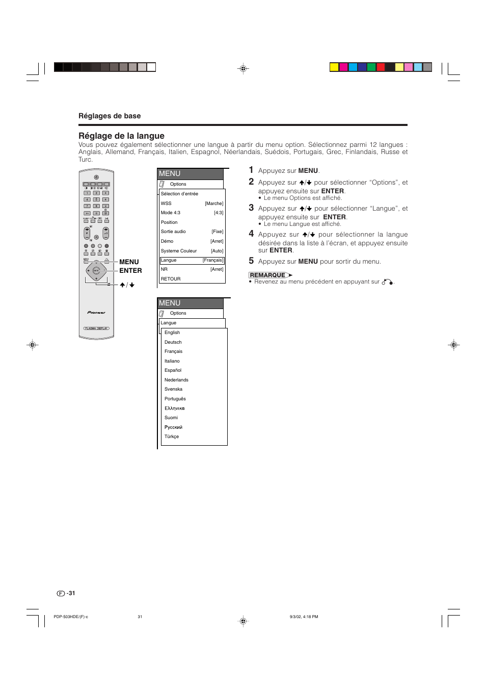 Réglage de la langue | Pioneer PDP-503HDE User Manual | Page 97 / 194