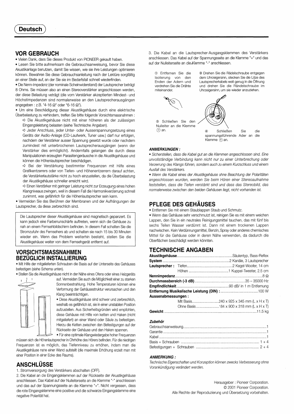 Vor gebrauch, Vorsichtsmassnahmen bezüglich installierung, Anschlüsse | Pflege des gehäuses, Technische angaben, Deutsch ) vor gebrauch | Pioneer S-H310V User Manual | Page 2 / 8