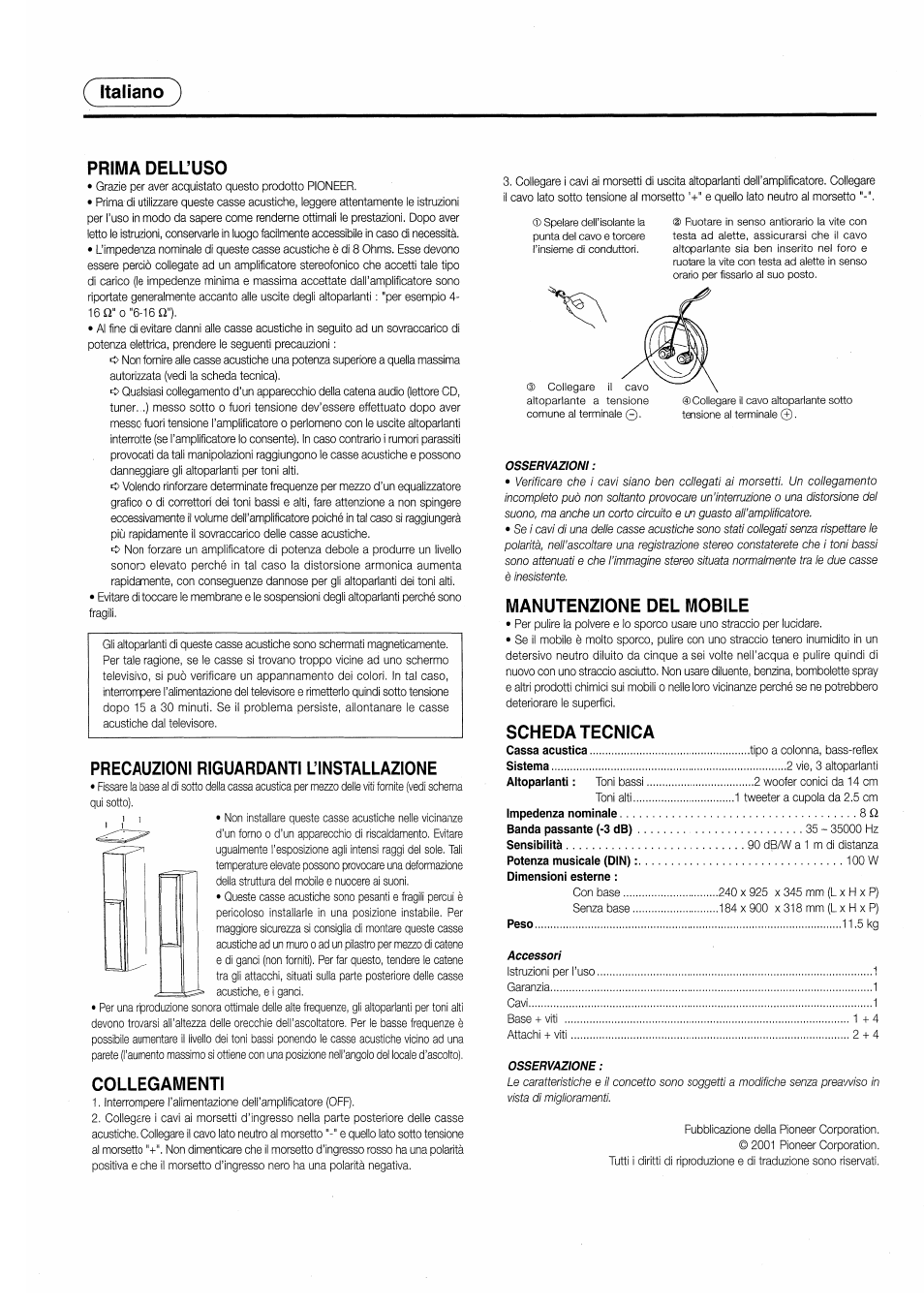Italiano ), Prima dell’uso, Precauzioni riguardanti l’installazione | Collegamenti, Manutenzione del mobile, Scheda tecnica, Italiano ) prima dell’uso | Pioneer S-H310V User Manual | Page 3 / 8