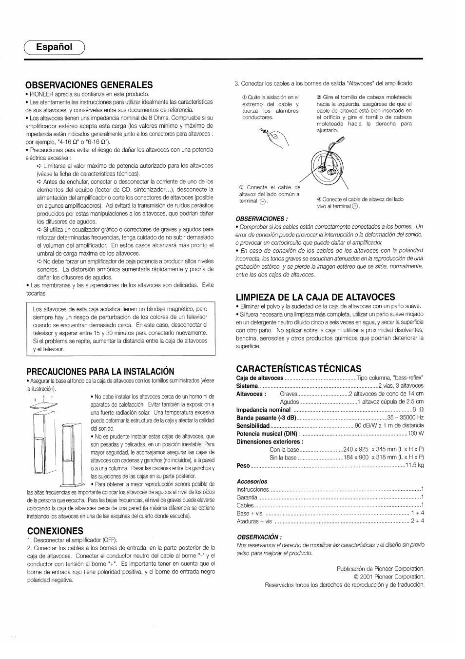 Ç español, Observaciones generales, Limpieza de la caja de altavoces | Precauciones para la instalacion, Conexiones, Caracteristicas tecnicas, Español observaciones generales | Pioneer S-H310V User Manual | Page 6 / 8