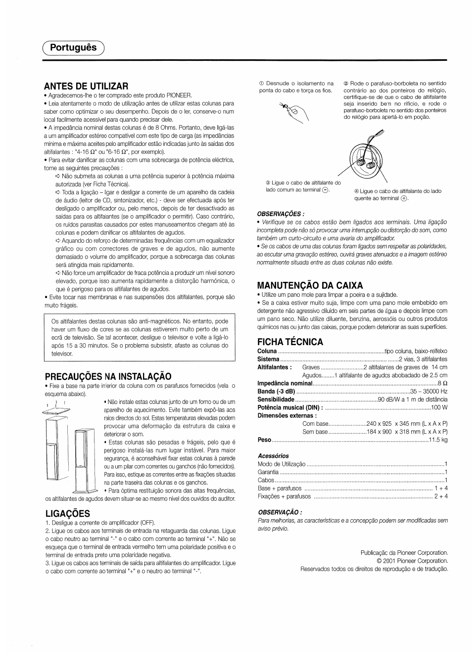 Portugués, Antes de utilizar, Precauçoes na instalaçao | Ligaçôes, Manutençao da caixa, Ficha técnica, Portugués ^ antes de utilizar | Pioneer S-H310V User Manual | Page 7 / 8
