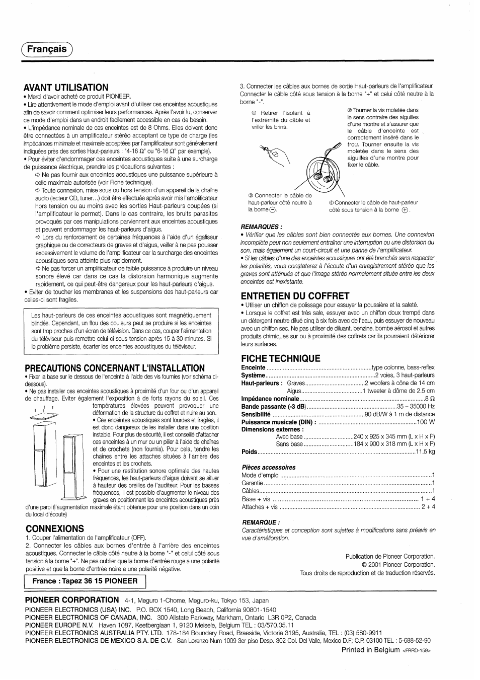 Français, Avant utilisation, Precautions concernant l'installation | Connexions, Entretien du coffret, Fiche technique, Français^ avant utilisation | Pioneer S-H310V User Manual | Page 8 / 8