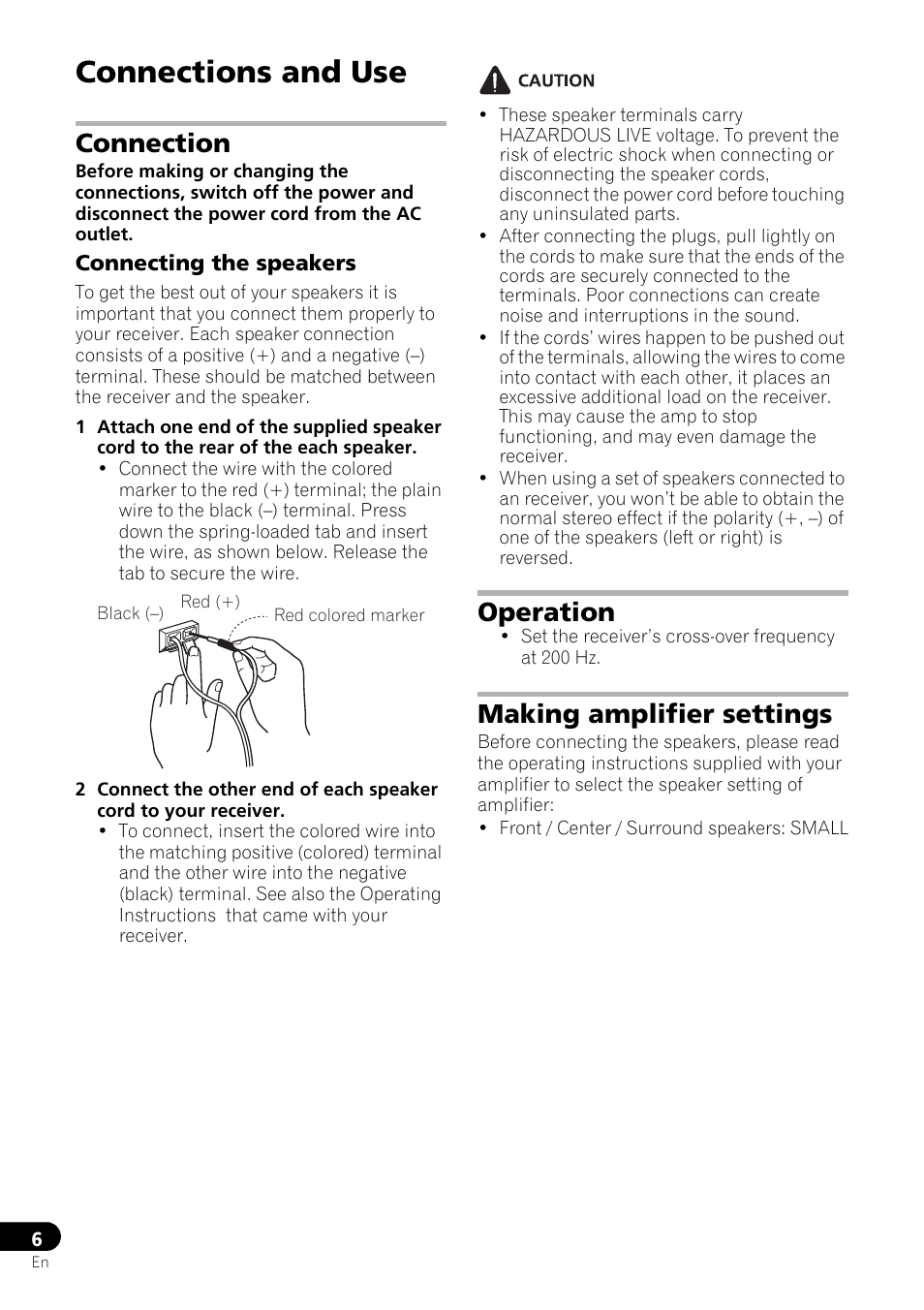 Connections and use, Connection, Operation | Making amplifier settings | Pioneer HTP-072 User Manual | Page 6 / 10