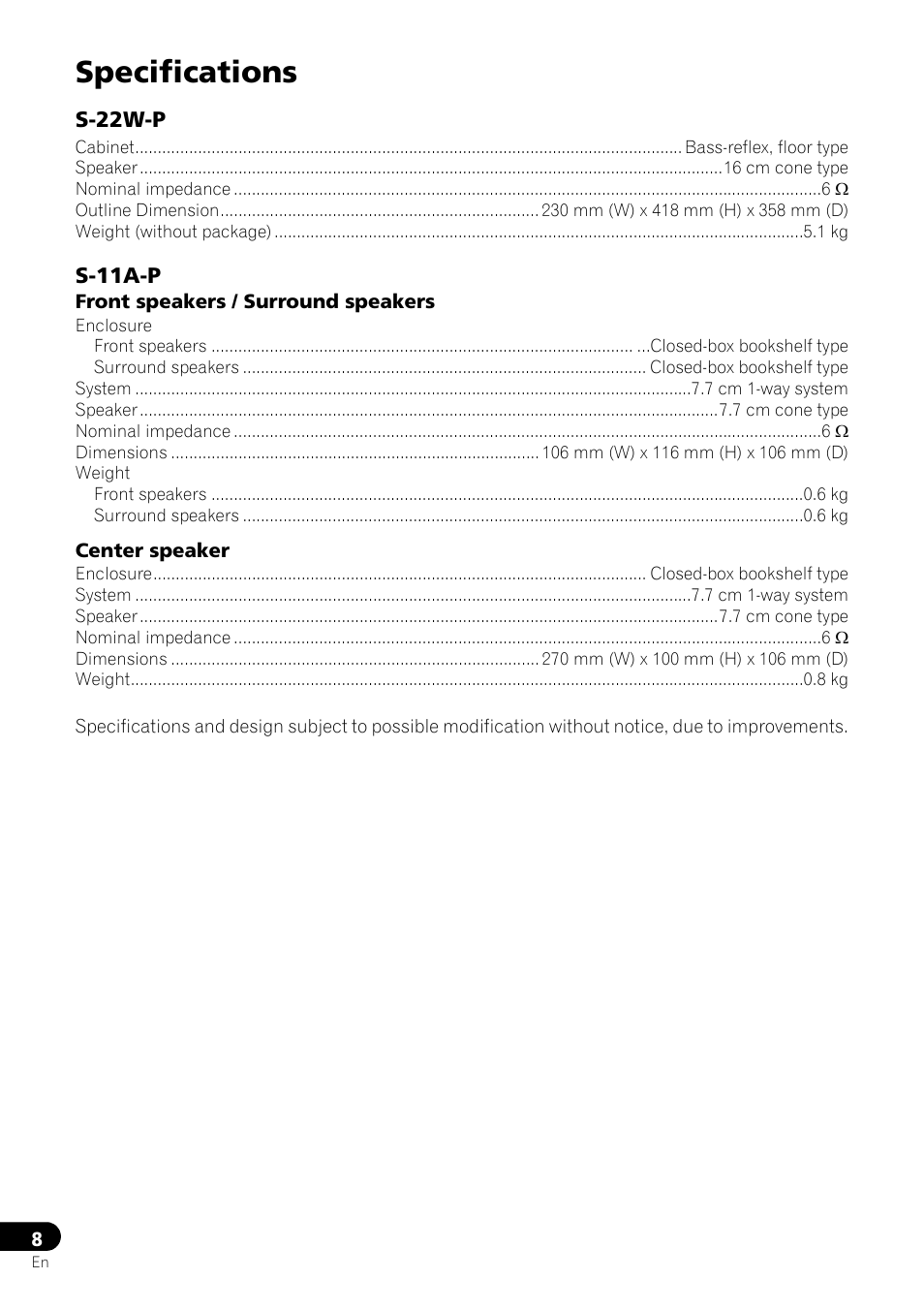 Specifications | Pioneer HTP-072 User Manual | Page 8 / 10