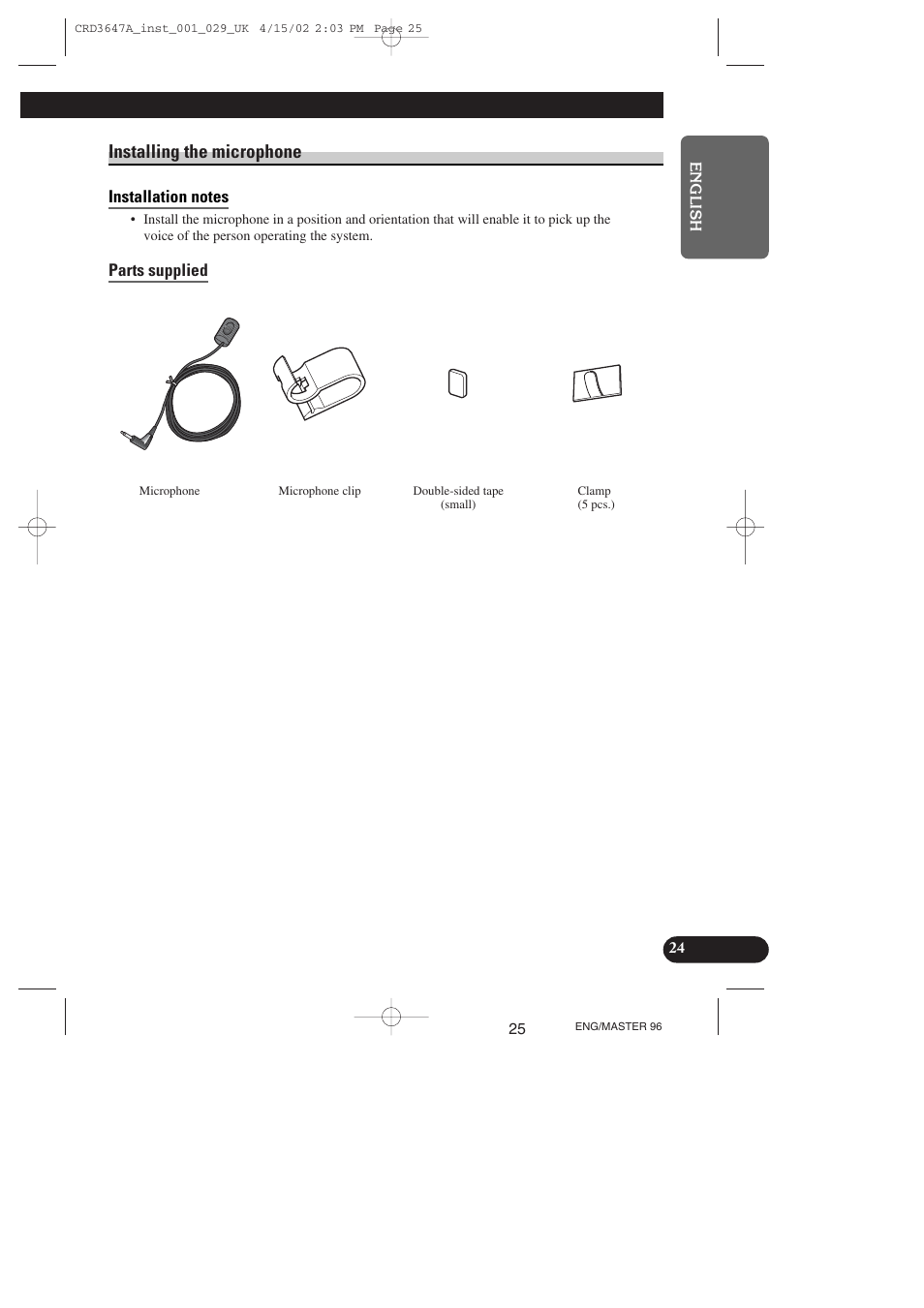 Installing the microphone, Installation notes, Parts supplied | Pioneer AVIC-70D-2 User Manual | Page 25 / 172