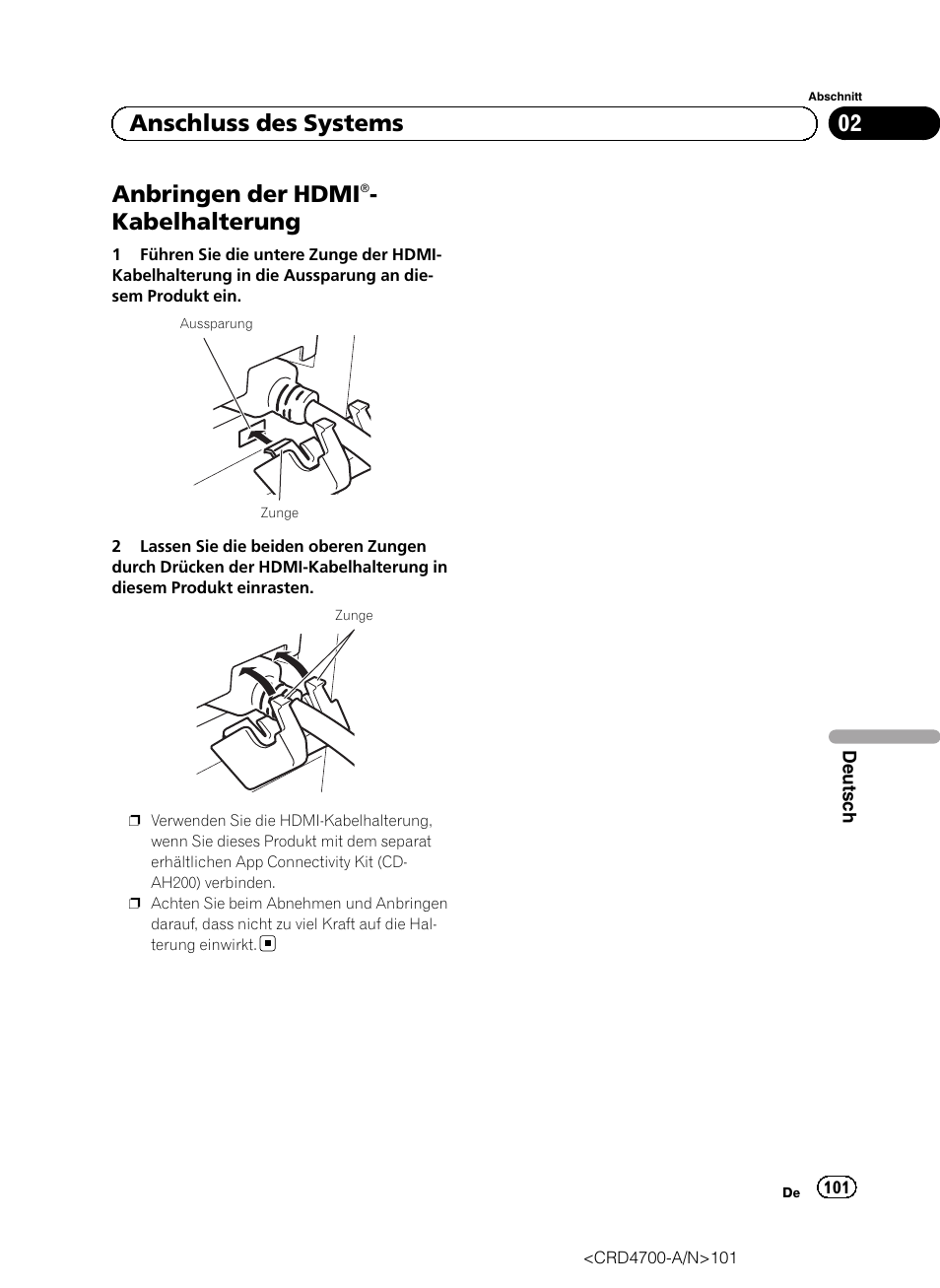 Anbringen der hdmi, Kabelhalterung, 02 anschluss des systems | Pioneer AVIC-F850BT User Manual | Page 101 / 148