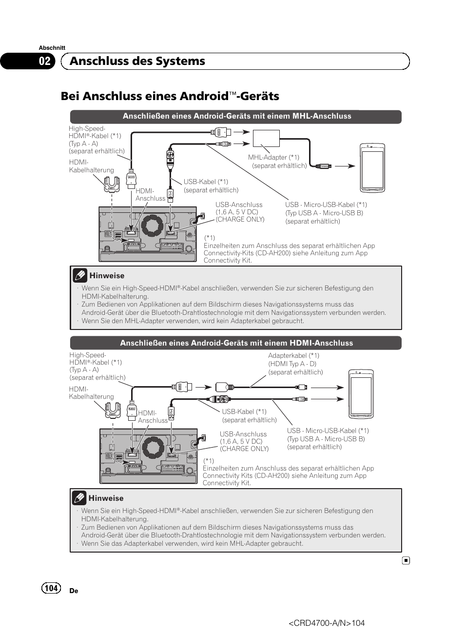 Bei anschluss eines android, Geräts 104, Geräts | 02 anschluss des systems | Pioneer AVIC-F850BT User Manual | Page 104 / 148