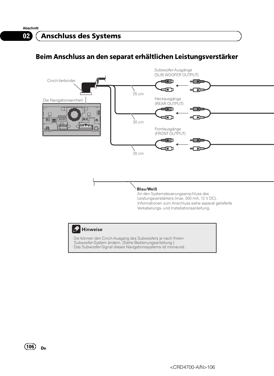 Beim anschluss an den separat erhältlichen, Leistungsverstärker, 02 anschluss des systems | Pioneer AVIC-F850BT User Manual | Page 106 / 148