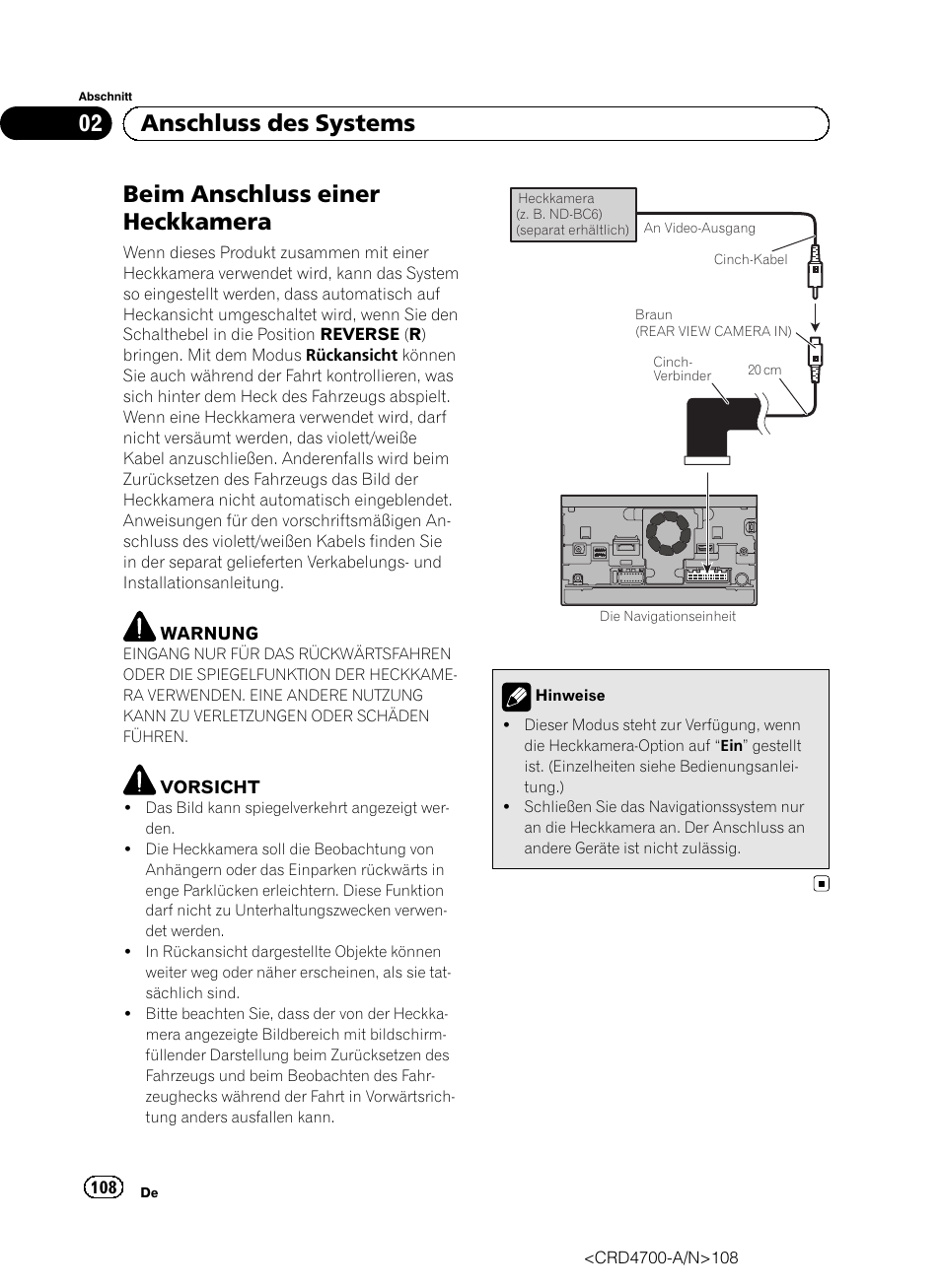 Beim anschluss einer heckkamera, 02 anschluss des systems | Pioneer AVIC-F850BT User Manual | Page 108 / 148