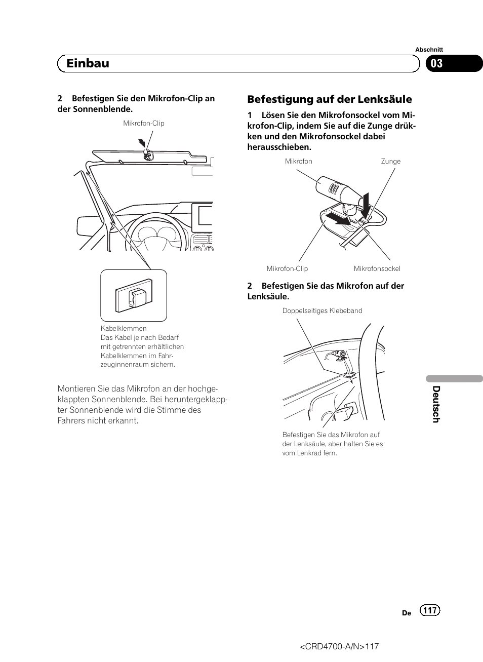 Befestigung auf der lenksäule 117, 03 einbau, Befestigung auf der lenksäule | Pioneer AVIC-F850BT User Manual | Page 117 / 148