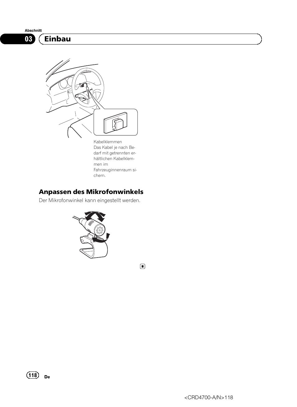 Anpassen des mikrofonwinkels 118, 03 einbau | Pioneer AVIC-F850BT User Manual | Page 118 / 148