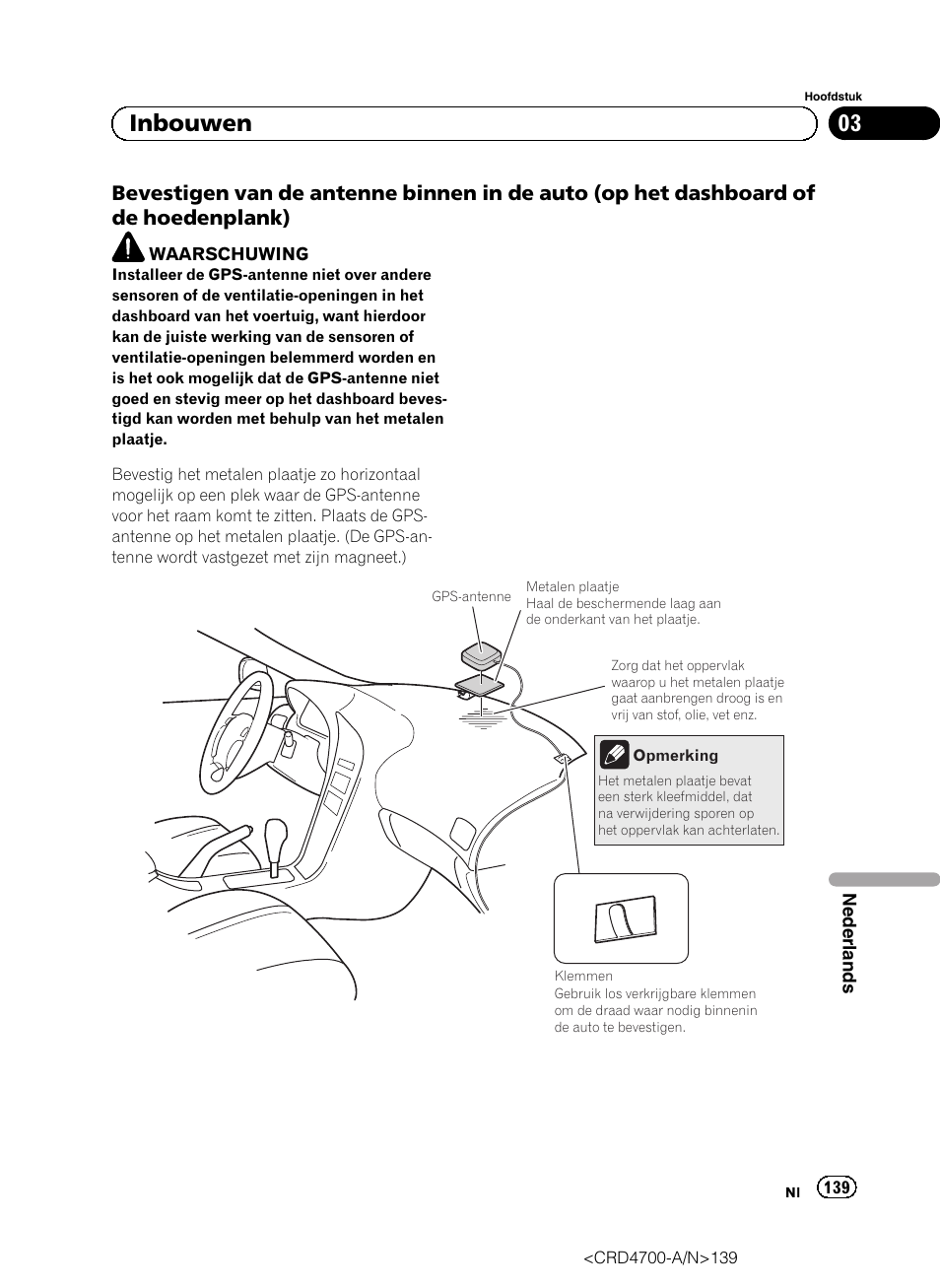 Bevestigen van de antenne binnen in, De auto (op het dashboard of de hoedenplank), 03 inbouwen | Pioneer AVIC-F850BT User Manual | Page 139 / 148