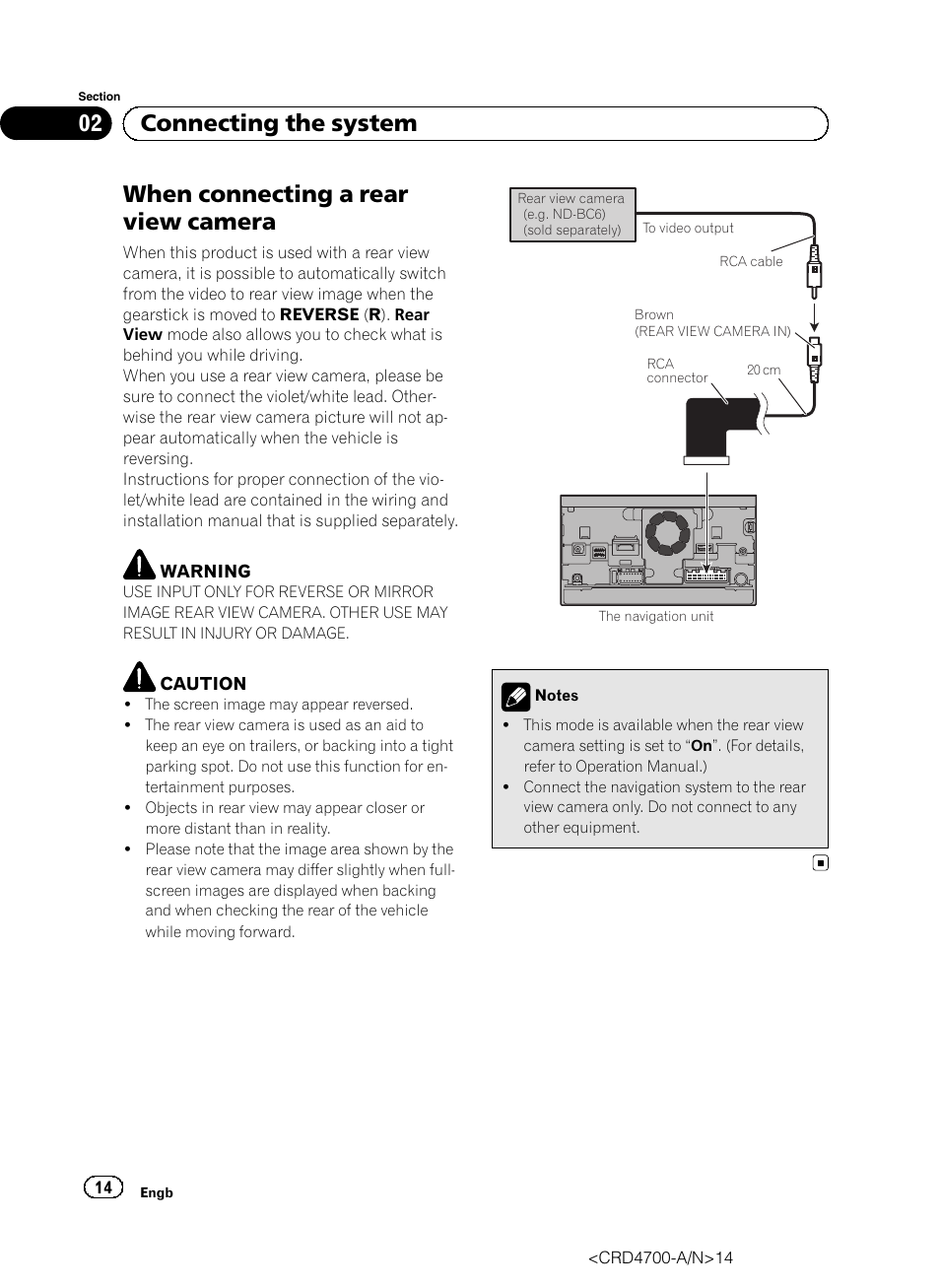 When connecting a rear view camera, 02 connecting the system | Pioneer AVIC-F850BT User Manual | Page 14 / 148