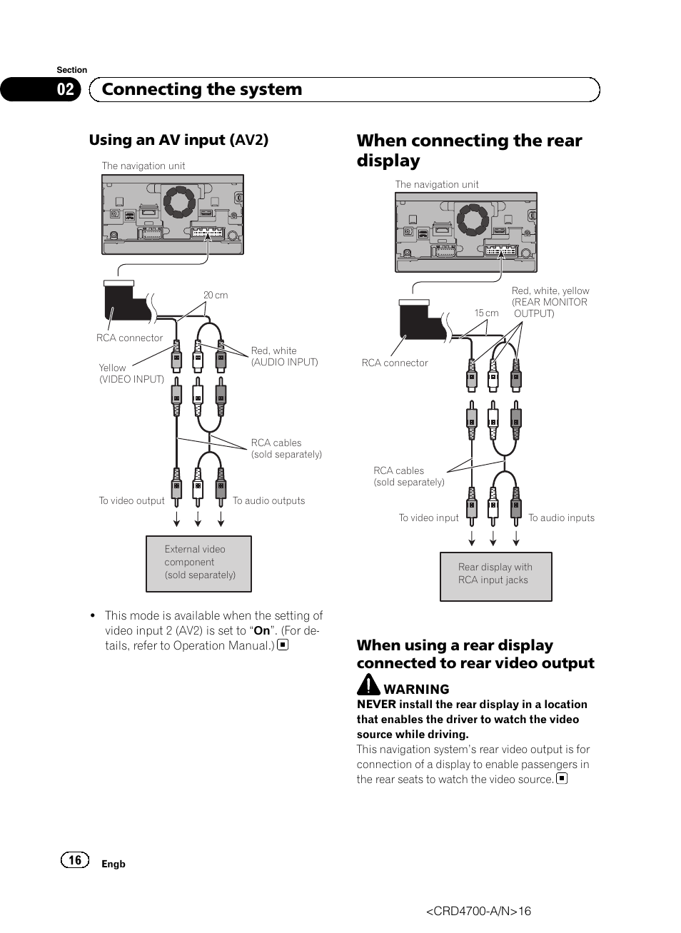 Using an av input (av2) 16, When connecting the rear display, When using a rear display connected to | Rear video output, 02 connecting the system, Using an av input (av2) | Pioneer AVIC-F850BT User Manual | Page 16 / 148