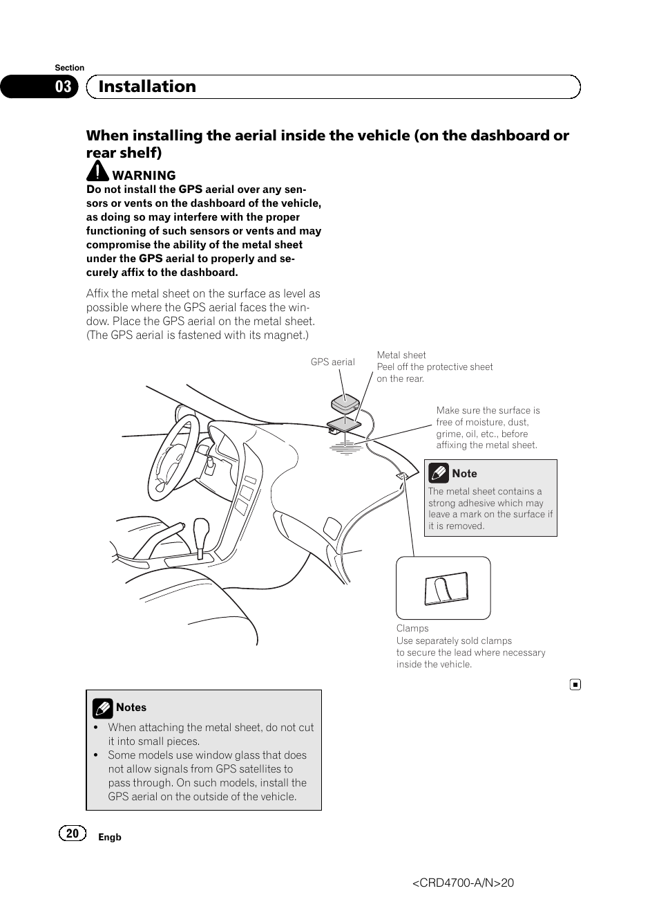 When installing the aerial inside the, Vehicle (on the dashboard or rear shelf), 03 installation | Pioneer AVIC-F850BT User Manual | Page 20 / 148