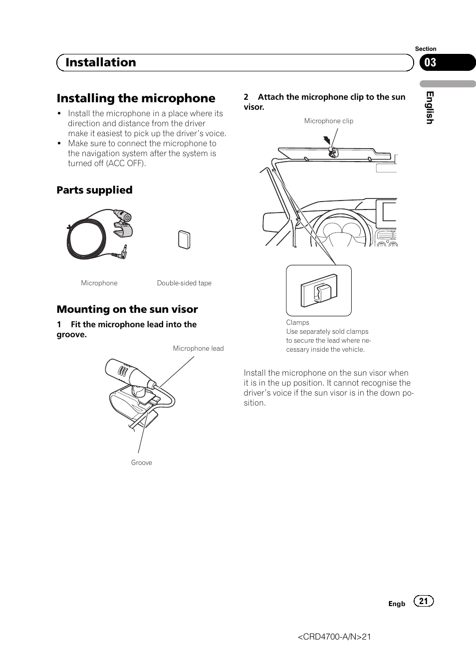 Installing the microphone, Parts supplied 21, Mounting on the sun visor 21 | 03 installation, Parts supplied, Mounting on the sun visor | Pioneer AVIC-F850BT User Manual | Page 21 / 148