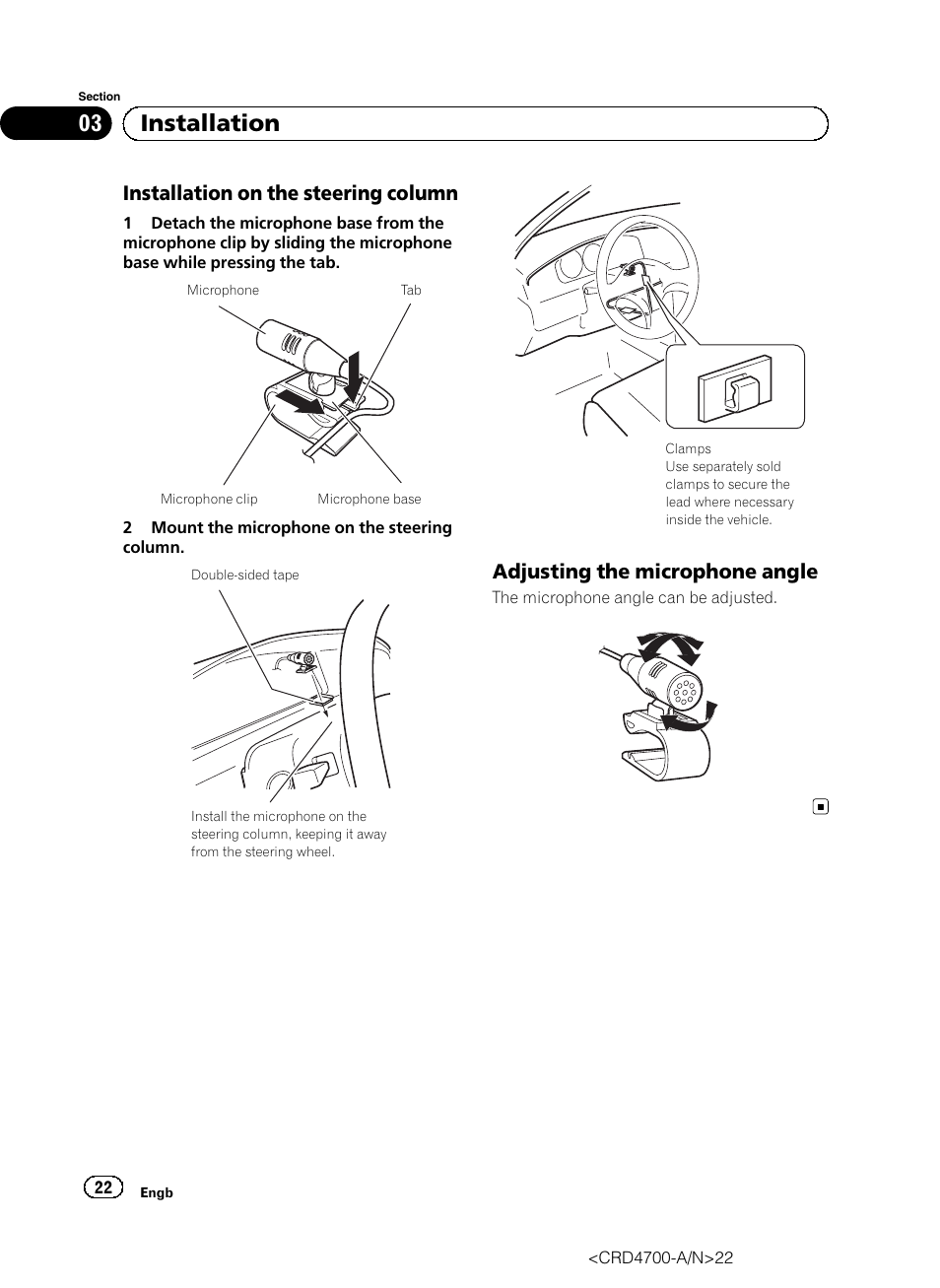 Installation on the steering column 22, Adjusting the microphone angle 22, 03 installation | Installation on the steering column, Adjusting the microphone angle | Pioneer AVIC-F850BT User Manual | Page 22 / 148