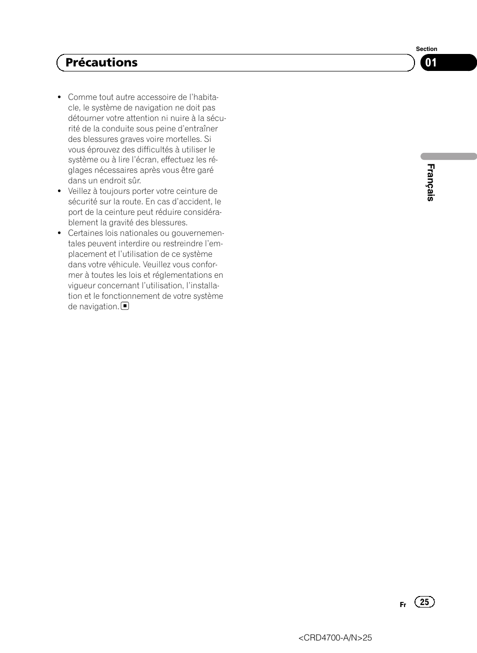 01 précautions | Pioneer AVIC-F850BT User Manual | Page 25 / 148