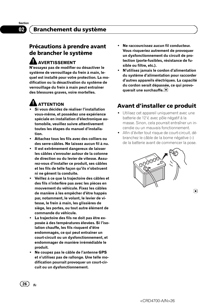 Système, Avant d, Installer ce produit 26 | Précautions à prendre avant de brancher le système, Avant d ’installer ce produit, 02 branchement du système | Pioneer AVIC-F850BT User Manual | Page 26 / 148