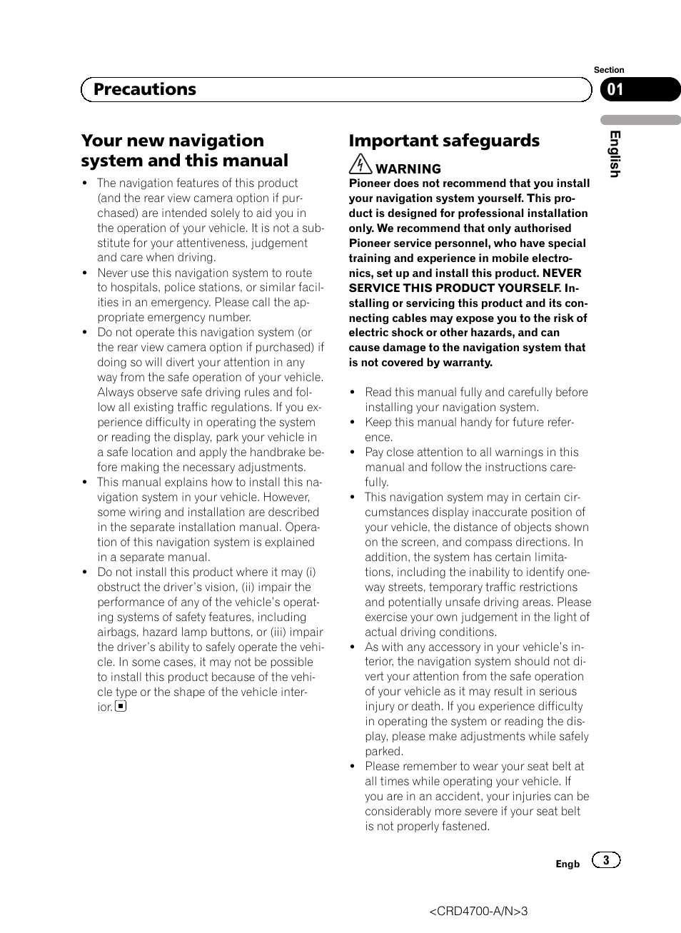 Precautions, Your new navigation system and this, Manual | Important safeguards, Your new navigation system and this manual, 01 precautions | Pioneer AVIC-F850BT User Manual | Page 3 / 148