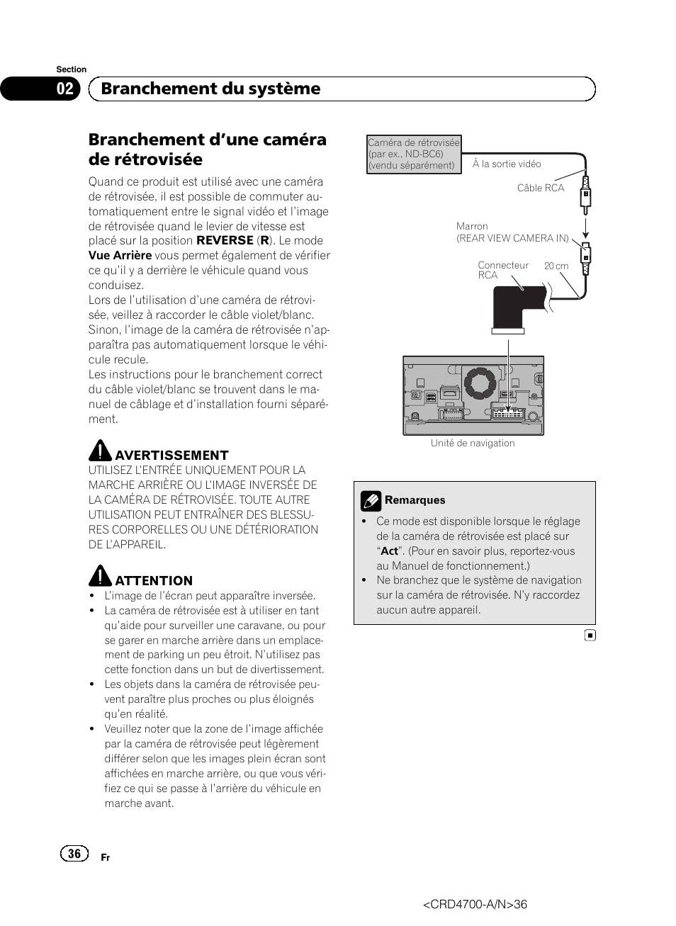 Branchement d, Une caméra de, Rétrovisée | Branchement d ’une caméra de rétrovisée, 02 branchement du système | Pioneer AVIC-F850BT User Manual | Page 36 / 148