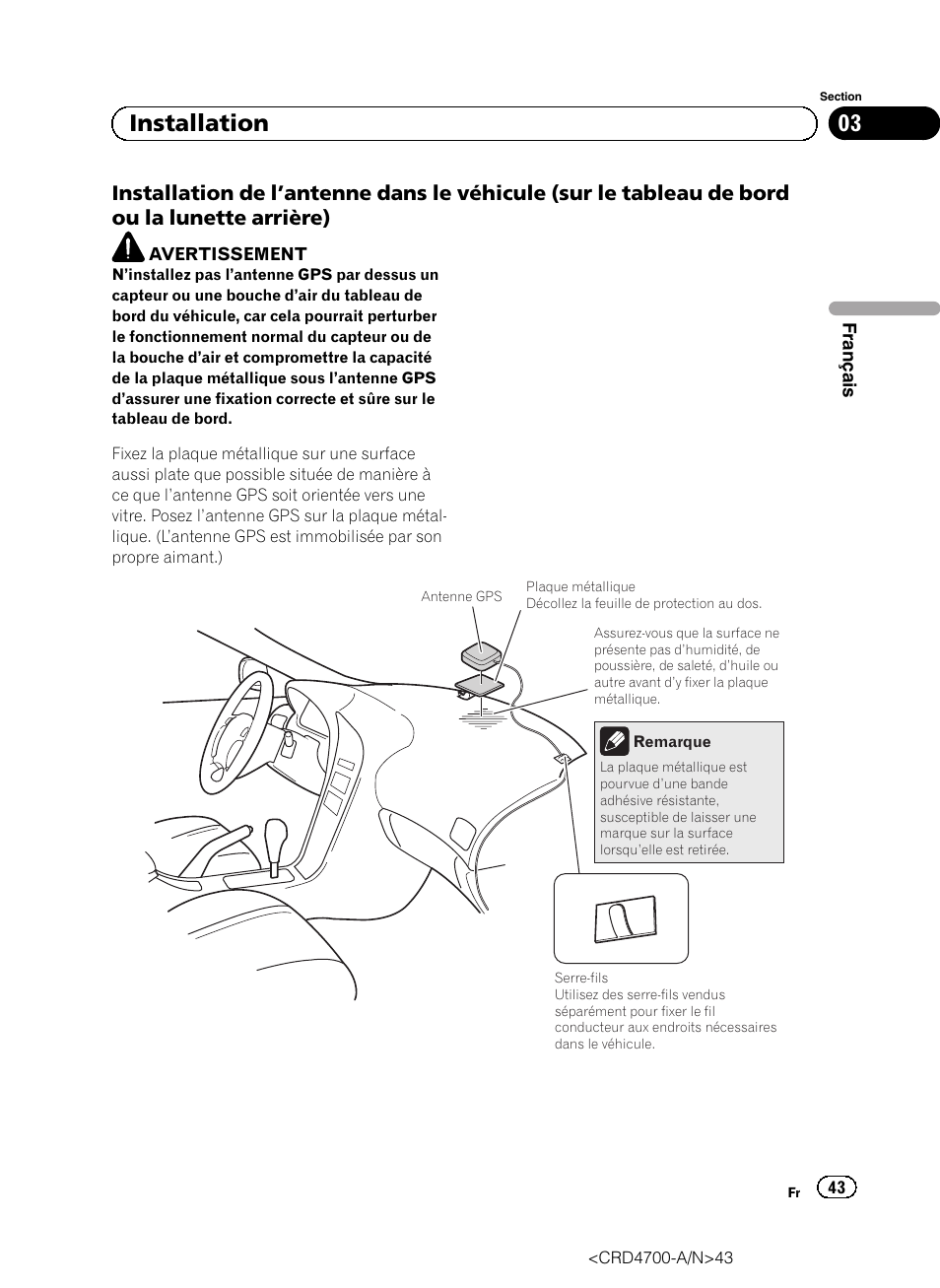 Installation de l’antenne dans le, 03 installation | Pioneer AVIC-F850BT User Manual | Page 43 / 148