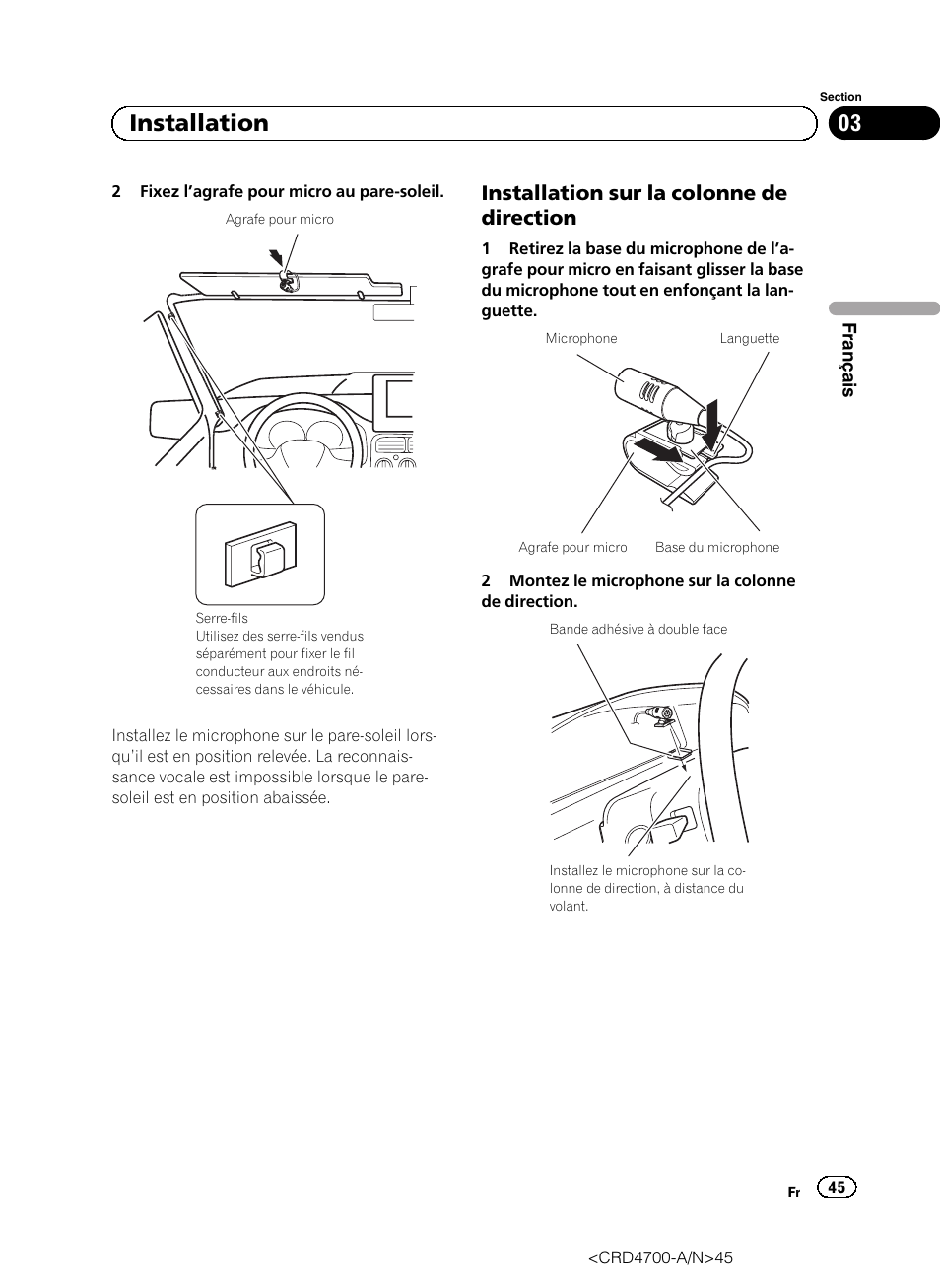 Installation sur la colonne de, Direction, 03 installation | Installation sur la colonne de direction | Pioneer AVIC-F850BT User Manual | Page 45 / 148