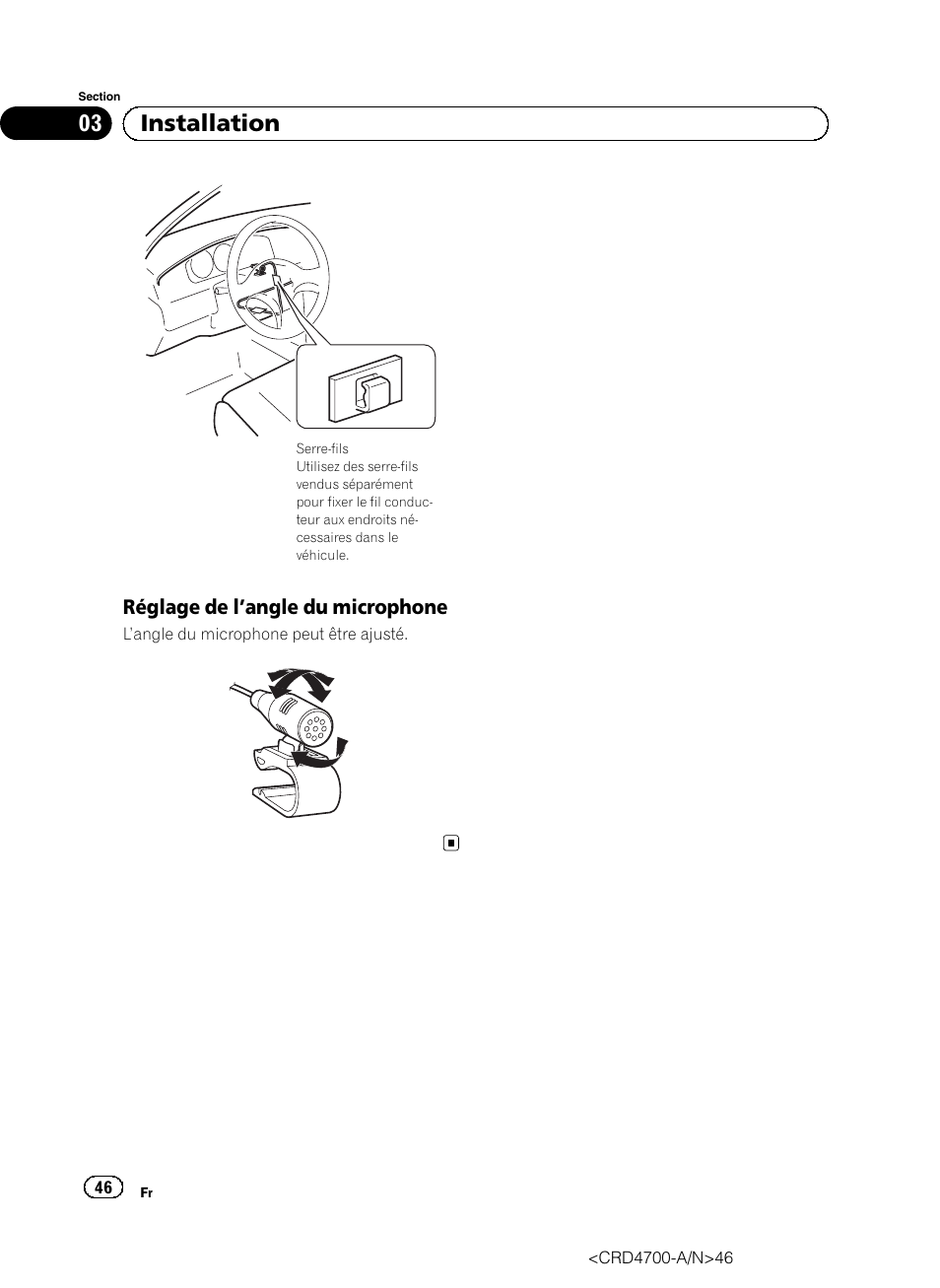 Réglage de l’angle du microphone 46, 03 installation | Pioneer AVIC-F850BT User Manual | Page 46 / 148